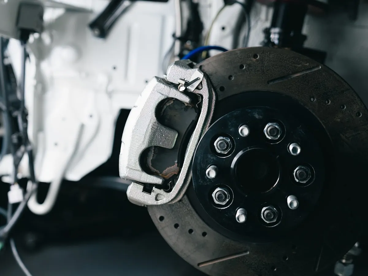 Close-up of a car brake disc and caliper assembly